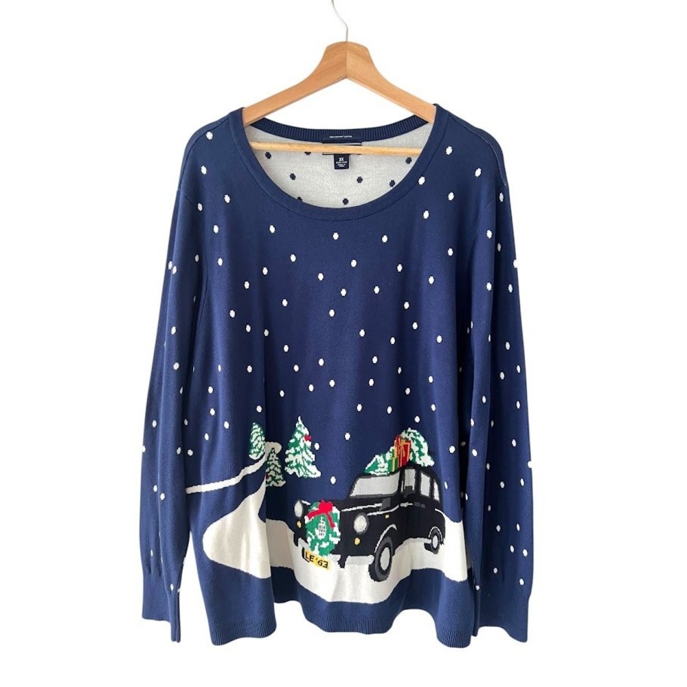 Lands' End Christmas Sweater 3X Supima Cotton Navy Holiday Car Gifts Snow